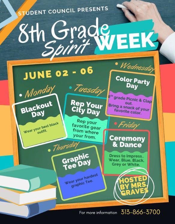  spirit week flyer with books and mini posters of what to wear each day
